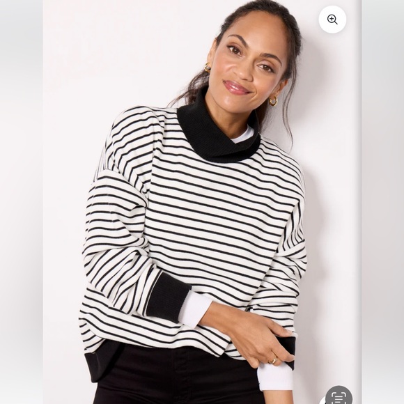 Evereve Black and White Striped Mock Neck Soft Brushed Fabric Top Size L - Picture 2 of 16